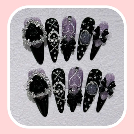 Purple & Black Long Stiletto Press-On Nails