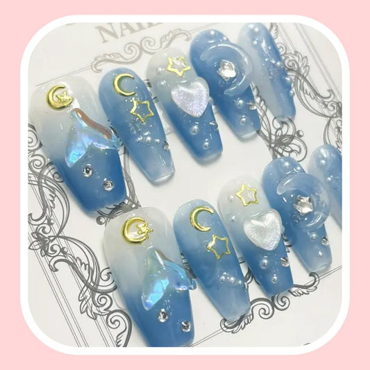 Transparent Blue Ballet Coffin-Shaped 3D Nails