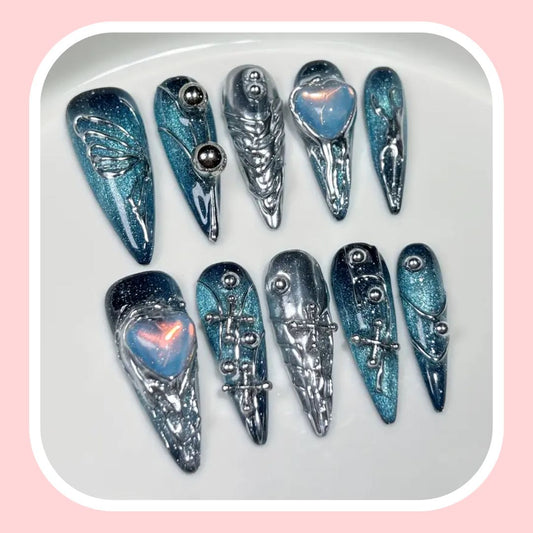 Galaxy Cat Eye Press-On Nails with 3D Butterfly & Heart Designs - Long Stiletto