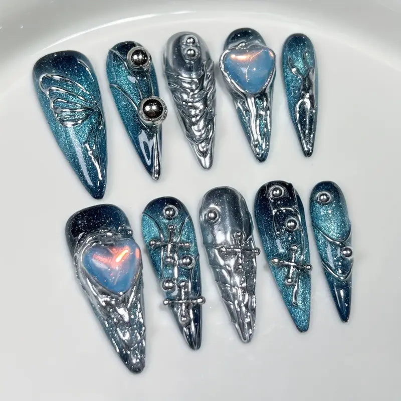 Galaxy Cat Eye Press-On Nails with 3D Butterfly & Heart Designs - Long Stiletto