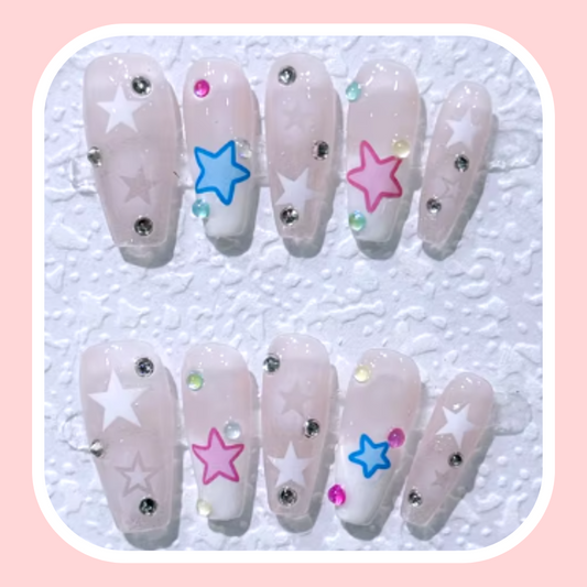 Blue and Pink Stars Nails