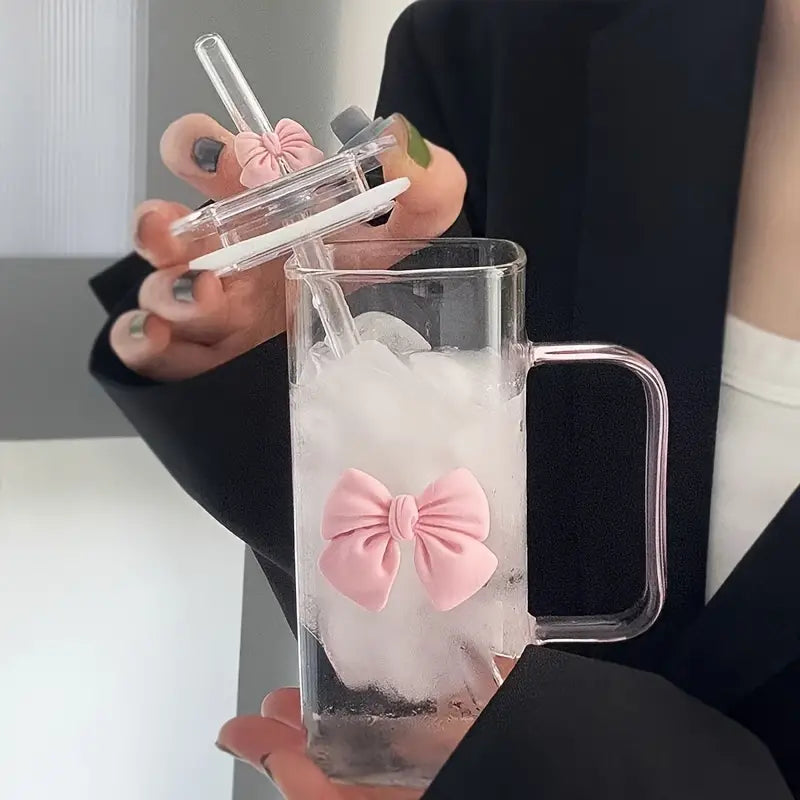 Chic Pink Bowknot Glass Tumbler with Lid & Straw