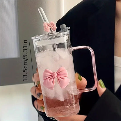 Chic Pink Bowknot Glass Tumbler with Lid & Straw