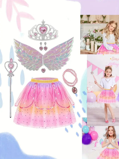 8pcs Girls Dreamy Fairy Princess Set, Sweet Tutu Skirt For Birthday Party Performance Gift