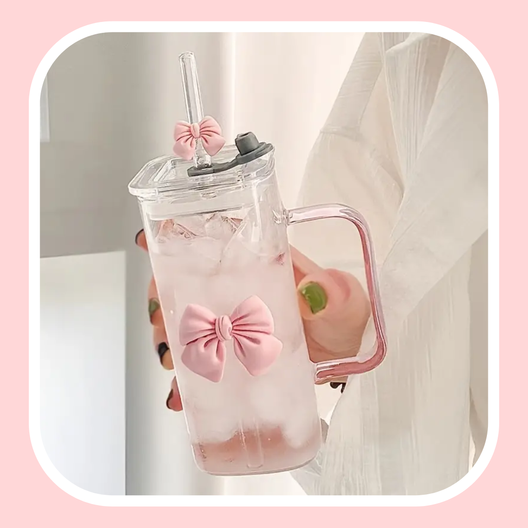 Chic Pink Bowknot Glass Tumbler with Lid & Straw