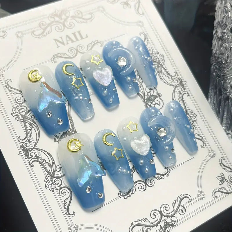 Transparent Blue Ballet Coffin-Shaped 3D Nails